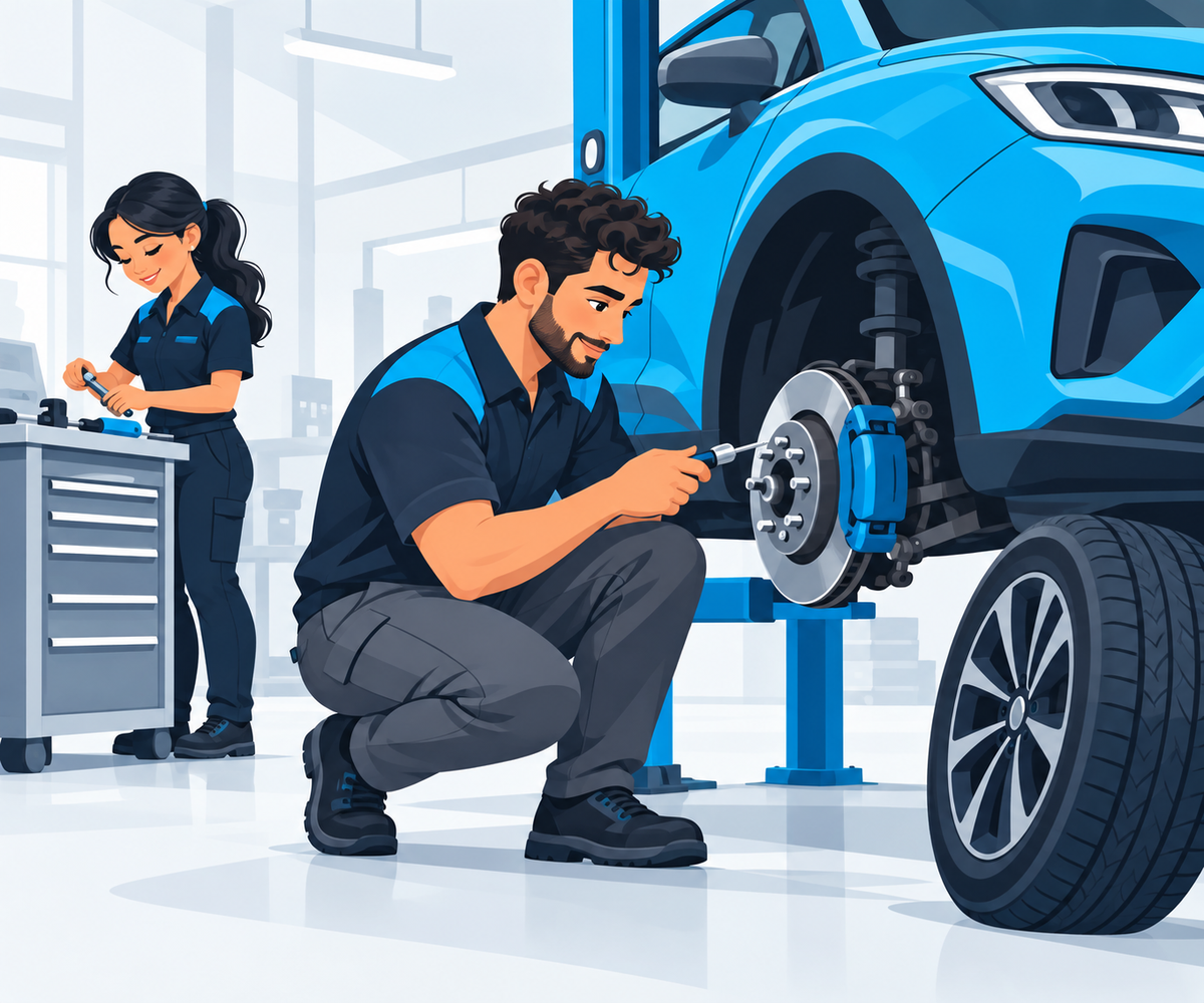 Automotive technicians servicing a vehicle in the shop